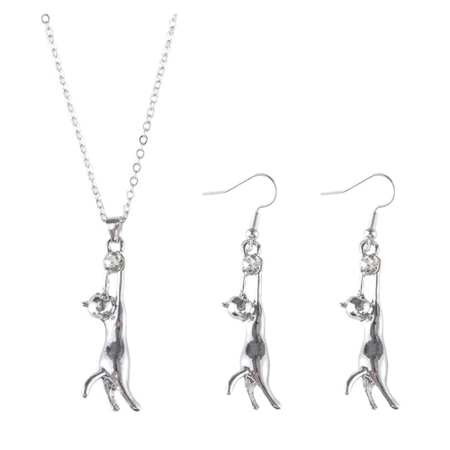 Fcnjsao Elegante Katzen-Ohrringe und Halskette, elegantes Katzenfigur-Schmuck-Set mit Zirkon für moderne Damenkollektion von Fcnjsao