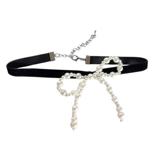 Fcnjsao Elegante Schleifen-Halskette, einzigartiger Perlen-Schleifen-Anhänger, Halskette, Zubehör, stilvolle Damen-Choker-Verzierung für Frauen, Tail chain style, Anti-Perlen von Fcnjsao
