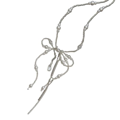 Fcnjsao Exquisite Schlüsselbeinkette mit Schleife, elegante Imitationsperle, Choker für Damen, geknotete Schleifen, Anhänger, Ohrringe, Schmuck, Metall von Fcnjsao