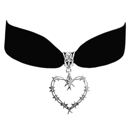Fcnjsao Gothic-Punk-Samt-Choker-Halskette, Stacheldraht, Herz-Anhänger, Halskette, Vintage-Schlüsselbein-Halskette, Schmuck für Damen, Legierung und Flanell Fcnjsao Gothic-Punk-Samt-Choker-Halskette, Stacheldraht, Herz-Anhänger, Halskette, Vintage-Schlüsselbein-Halskette, Schmuck für Damen, Legierung und Flanell von Fcnjsao