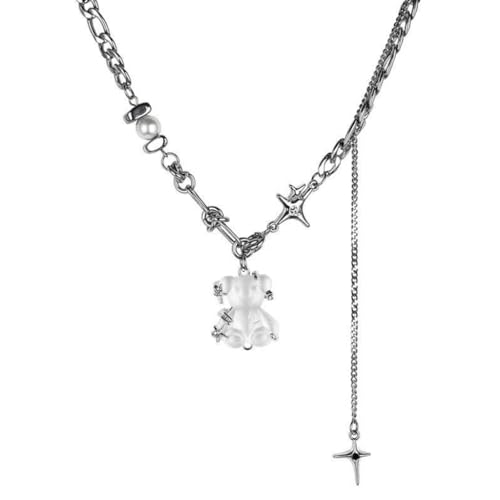 Fcnjsao Halsketten für Damen, modischer Bären-Anhänger, Schlüsselbeinkette, Temperament, einfach, kalt, verstellbar, Lederseil-Halskette, Metall von Fcnjsao