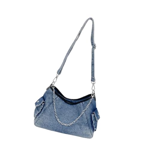 Fcnjsao Kompakte Jean-Umhängetasche, trendiges Kettendetail, lässige Schultertasche für Handy und Geldbörse, unverzichtbare Aufbewahrung, trendige Damen-Crossbody-Taschen, blau, One Size von Fcnjsao