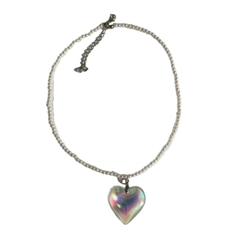 Fcnjsao Schlichte, elegante Halskette mit Herz-Anhänger, modisches Halsband, Schlüsselbeinkette, Perlenkette, Statement-Schmuck, Kunstperlen von Fcnjsao