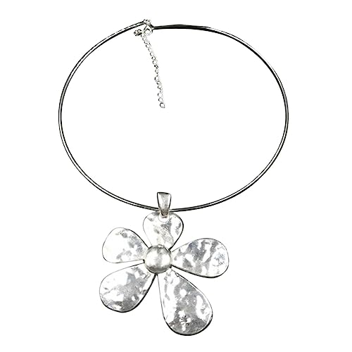 Fcnjsao Silberfarbene Halskette mit großem Blumenanhänger, mit schwarzer Kordel, lange Halskette, handgefertigter Schmuck, Blumen-Choker für Damen und Mädchen, Metall von Fcnjsao