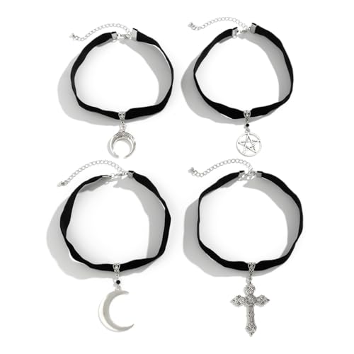 Fcnjsao Stilvolle Gothic-Halskette, Mond-Stern-Halskette für Damen und Herren, Kruzifix-Anhänger, Halsband, Schlüsselbein-Kette, Dekoration, 4 Stück von Fcnjsao