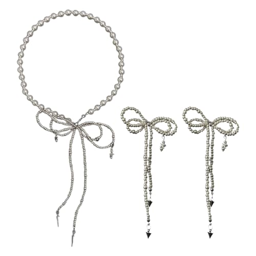 Fcnjsao Stilvolle Perlen Halskette Imitation Perlen Choker Charm Fashion Bowknot Ohrringe Geeignet Für Modische Damen Geeignet von Fcnjsao