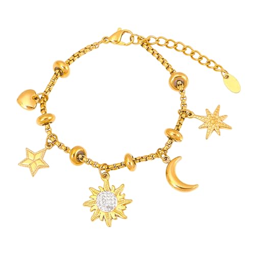Fcnjsao Stilvolles, verstellbares Armband mit Sonnenmond-Diamanten, Edelstahl, für Damen, Schmuck, Geschenk, stilvolles Stahl-Handgelenk-Accessoire, Gold, Wie beschrieben, Wie beschrieben von Fcnjsao