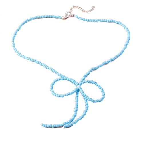 Fcnjsao Temperament farbige Reisperlen Schleife Halsketten für Frauen Jahrestag Mode Vintage Perlen Ketten Choker Schmuck, Harz von Fcnjsao