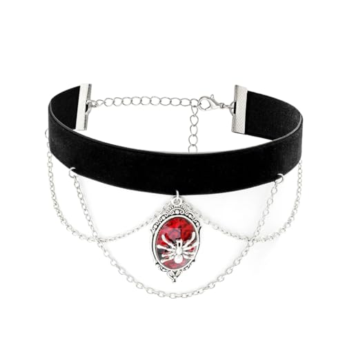 Fcnjsao Übertriebene Edelsteine, Spinnenanhänger, kurzes Choker, mehrschichtig, Gothic, schwarzer Samt, Schlüsselbeinkette für Damen von Fcnjsao