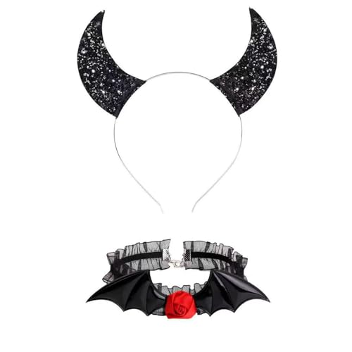 Gothic Dark Glitter Mädchen Choker Halsband Rose Teufelsflügel Stirnband Set Gothic Fledermaus Flügel Vielseitiges Choker Halloween Stirnbänder für Erwachsene von Fcnjsao