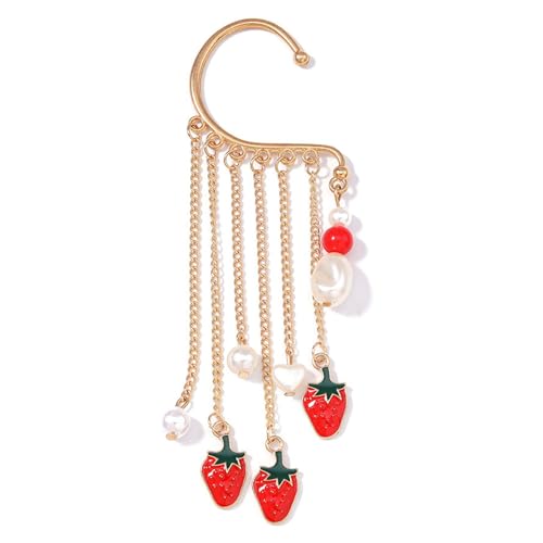 Kreative Perlen Erdbeere Anhänger Ohrclip Lange Quasten Krabbelhaken Wickelohrring für Frauen Mädchen Zubehör Quasten Manschette Ohrringe für Frauen Mädchen Legierung von Fcnjsao