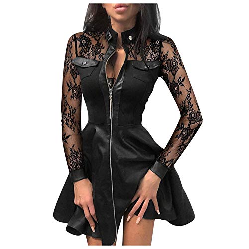 Fcostume Party Kleider Damen Lederkleid Mode V-Ausschnitt Langarm Spitzen Patchwork Minikleid Mit Reißverschluss Sexy Bodycon Cocktailkleid Freizeitkleid Kleid von Fcostume Damen Sweatshirts