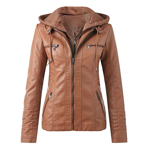 Fcostume Sweatshirts Lederjacke Stehkragen Kunstlederjacke Retro Motorradjacke Winddicht Warm Verdicken Reißverschluss Jacke mit Kapuze PU Frauen Frühling Herbst Übergangsjac Lederjacke Coffee 7XL von Fcostume Damen Sweatshirts
