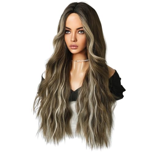 Fcuajdkq Perücke für Damen, gefärbt, , Beige, 72 cm, Perücke mit Locken, mittelgroße Perücke mit , Perücke aus Wasserwellenfaser von Fcuajdkq