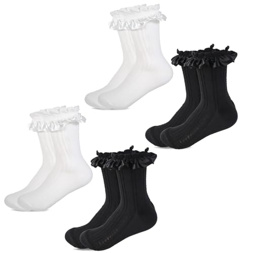 FdcLixuvol Rüschensocken für Damen, 4 Paar süße, lässige Baumwollsocken mit Rundhalsausschnitt, klassische, einfarbige, atmungsaktive Kleidersocken mit Strickbesatz, Weiß und Schwarz von FdcLixuvol