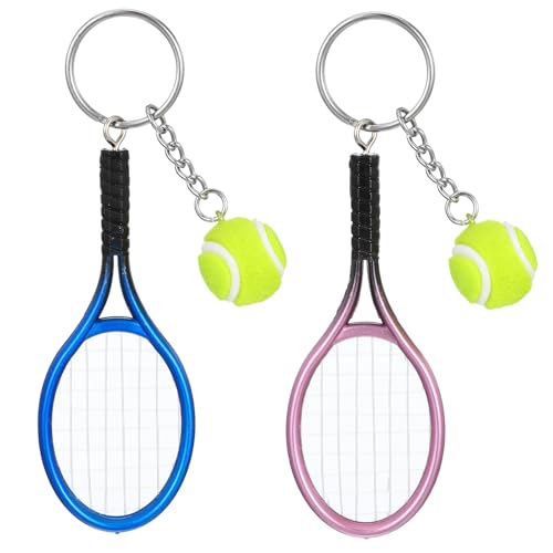 FdcLixuvol Tennis Schlüsselanhänger, 2 Stück Tennis Zubehör Mini Tennisschläger Tennisball Anhänger Sport Schlüsselanhänge Tennisschläger Geschenk für Tennisliebhaber, Sport-Liebhaber (Blau, Lila) von FdcLixuvol