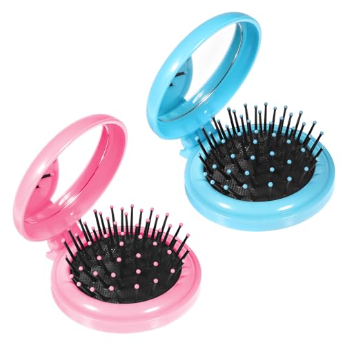 2 Stück Mini-Haarbürste Runde Haarbürste Mit Spiegel Runde Klappbürste Reise Spiegel Faltbare Kamm Haarmassagekamm Compact Hair Brush Kompakte Reisebürste Für Frauen Männer(Rosa, Blau) von FdcLixuvol