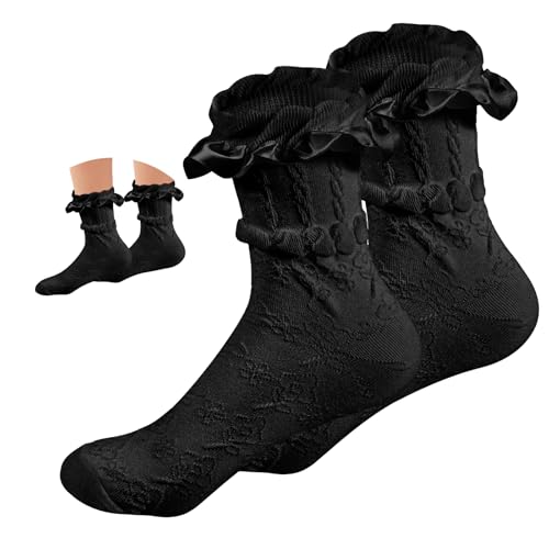 FdcZeyxior 2 Paar Söckchen mit Rüschen Spitze Socken Atmungsaktive Baumwolle Knöchelsocken, Elegant Prinzessin Socken Schwarz von FdcZeyxior