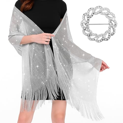 FdcZeyxior Stola für Abendkleid Funkelnde Metallische Tücher Und Wickel Festliche Stola für Die Abendparty Formale Kleider Hochzeit Brautjungfer mit Kostenloser Schalschnalle, Silber von FdcZeyxior