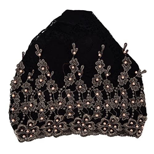 Fdit Damen Dehnbarer Spitzenperlen Head Wrap Turban Hijab Schal Weich Bequemer Atmungsaktiv für den Herbst Winter (BLACK) von Fdit
