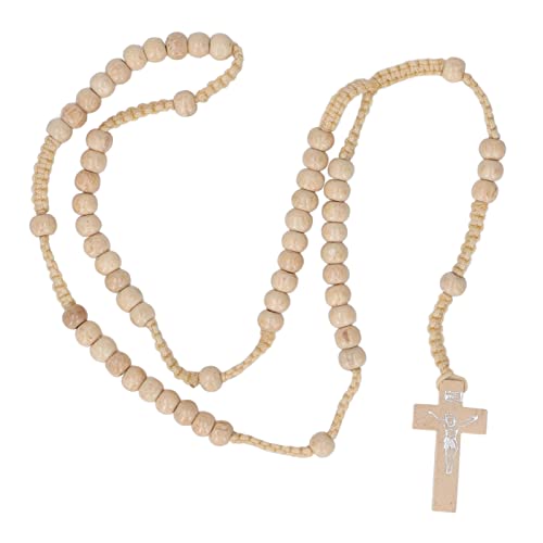 Fdit Hölzerner Rosenkranz, Protestantische Gebetskette Aufdruck Katholischer Unisex-Stil Perle Rosenkranz Halskette Hochzeit Amulett Weihnachten Auferstehung (Beige) von Fdit