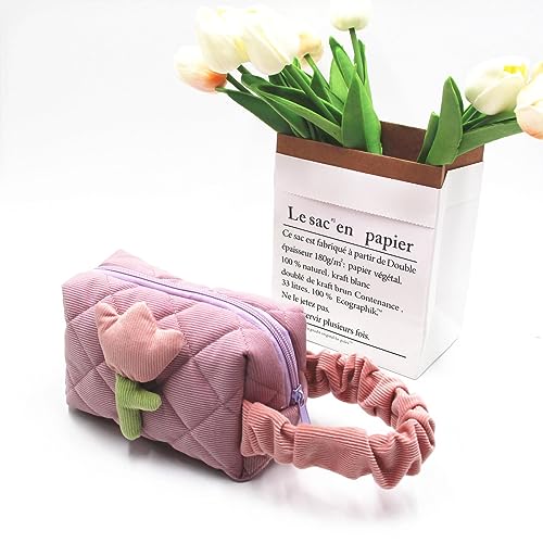 Kosmetikbeutel, Niedlicher Cord -Tulpe -Toiletten -Aufbewahrung Großer Kapazität für Mädchen, Weiches Reißverschluss Design, Tragbarer Gürtel (Taro Lila) von Fdit