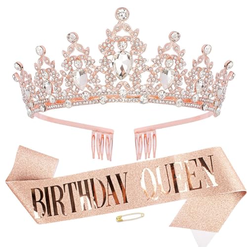Geburtstag Tiara und Schärpe Mädchen Krone Dekoration Schärpe Birthday Queen Schärpen Hochzeit Braut Tiara Stirnband Kristall Strass Prinzessin Tiara Krone mit Kamm für Geburtstag Party (Roségold) von FeLeA