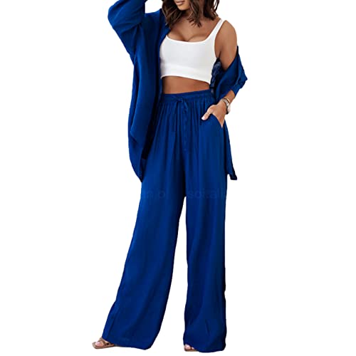 Damen 2 Stück Casual Baumwolle Leinen Hosen Outfits Langarm Button Down Hemd Wide Leg Pants Loungewear Set Streetwear, blau, 42 von FeMereina