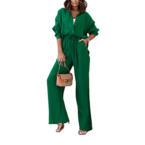 FeMereina Frauen 2-teiliges Freizeit-Baumwoll-Leinen-Hosen-Outfits, langärmelig, Button-Down-Shirt, weites Bein, Loungewear-Set, Streetwear, grün, 38 von FeMereina