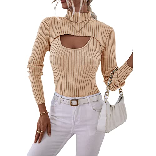 Damen 2 Stück Cutout Tops Langarm Gestrickt Gerippt Stehkragen Pullover Sweater Pullover Tops Herbst Winter Strickwaren Shirts, Hellkhaki, M von FeMereina