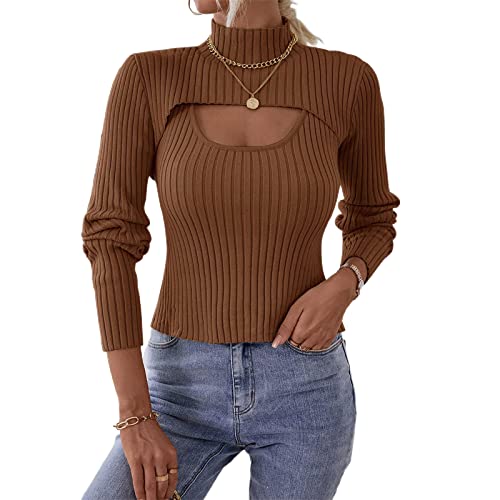 Damen 2 Stück Cutout Tops Langarm Gestrickt Gerippt Stehkragen Pullover Sweater Pullover Tops Herbst Winter Strickwaren Shirts, braun, M von FeMereina
