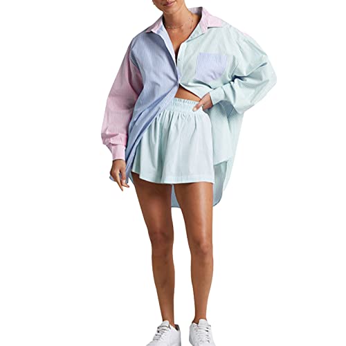 Damen 2-teiliges Outfit gestreift Oversized Button Down Langarm Hemd Hohe Taille Shorts Set Trainingsanzug Casual Loungewear Sets, grün, 38 von FeMereina