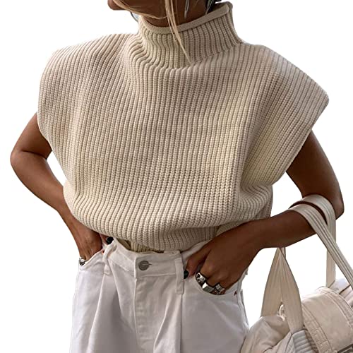 Damen Ärmellos Rollkragen Pullover Weste Schulterpolster Pullover Top Casual Solid Gestrickte Breite Schulter Tank Pullover Pullover, aprikose, S von FeMereina