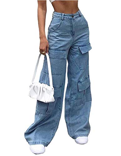 Damen Baggy Jeans Hohe Taille Weites Bein Denim Jeans Y2K Loose Flare Denim Hosen E-Girl Streetwear Hosen Gr. XL, blau von FeMereina