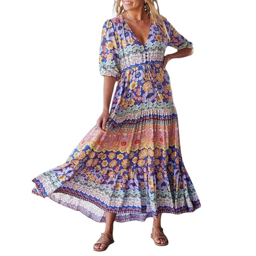 Damen Boho Blumendruck Chiffon Kleid Kurzarm V-Ausschnitt Girdle Taille Strand Maxi Lange Kleider Bohemian Schlitz Saum Flowy A-Linie Kleid, lavendel, L von FeMereina