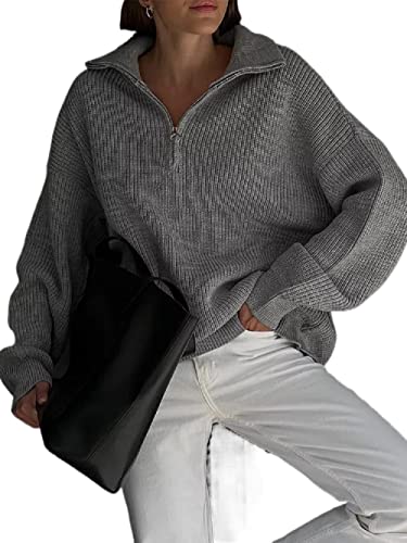 Damen Casual Langarm Half Zip Pullover Sweater Solid V Ausschnitt Kragen Rippstrick Lose Slouchy Pullover Tops, grau, L von FeMereina