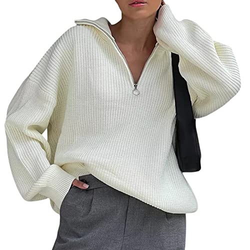 Damen Casual Langarm Half Zip Pullover Sweater Solid V Ausschnitt Kragen Rippstrick Lose Slouchy Pullover Tops, weiß, M von FeMereina