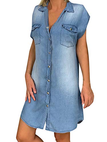 Damen Denim Hemdkleid Casual Langarm Button Down Denim Kleider Tencel A-Linie Jeans Langes Kleid mit Gürtel, J, Small von FeMereina