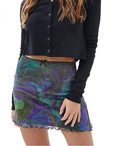 Damen Floral Mesh Overlay Elastische Taille Bodycon Mini Rock Spitze Patchwork Goth Y2k Rock Punk 90er E Girl Kleidung Gr. 36, D von FeMereina