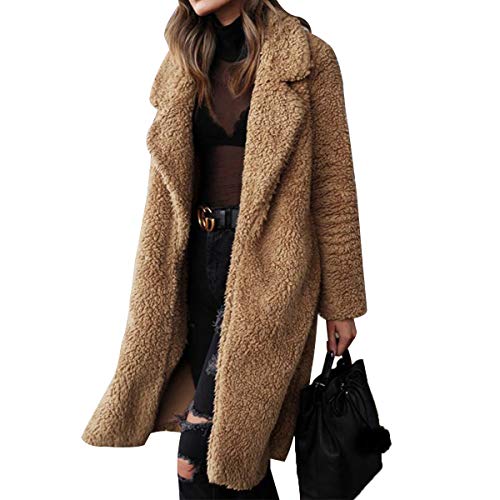 Damen Fuzzy Fleece Revers Lange Strickjacke Mantel Vorne Offen Kunstpelz Warme Herbst Winter Outwear Jacken mit Taschen (Dunkelbraun, M) von FeMereina