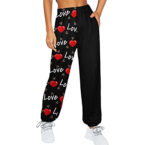 Damen-Jogginghose mit Farbblock, lockerer Druck, elastisch, hohe Taille, Baggy, Yoga, sportlich, lässig, Laufen, Fitness, Joggen, I Red Heart, S von FeMereina