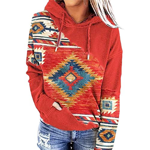 Damen Kapuzenpullover mit Azteken-Druck, langärmelig, Kordelzug, geometrisches Muster, Cowgirl, Western-Pullover, Tops, Orange, 42 von FeMereina