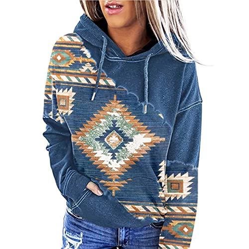 Damen Kapuzenpullover mit Azteken-Druck, langärmelig, Kordelzug, geometrisches Muster, Cowgirl, Western-Pullover, Tops, blau, 42 von FeMereina