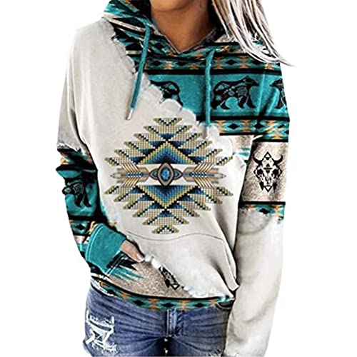 Damen Kapuzenpullover mit Azteken-Druck, langärmelig, Kordelzug, geometrisches Muster, Cowgirl, Western-Pullover, Tops, grün, 48 von FeMereina