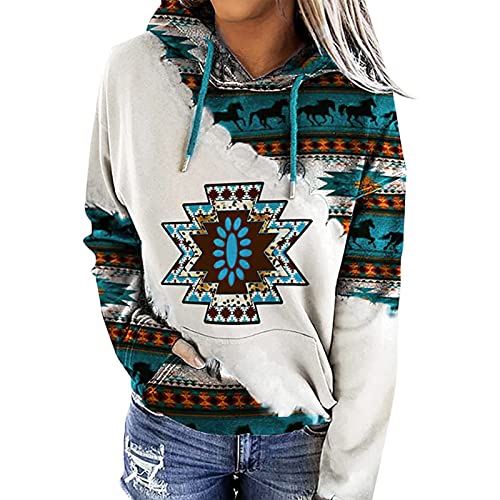 Damen Kapuzenpullover mit Azteken-Druck, langärmelig, Kordelzug, geometrisches Muster, Cowgirl, Western-Pullover, Tops, weiß / blau, 36 von FeMereina