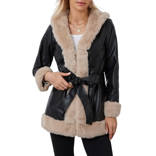 FeMereina Damen Kunstleder Jacke Mantel Kurz Parka Mantel mit Pelzkragen Open Front Plüsch Kragen Warm Cardigan mit Gürtel Outwear, Schwarz , 42 von FeMereina