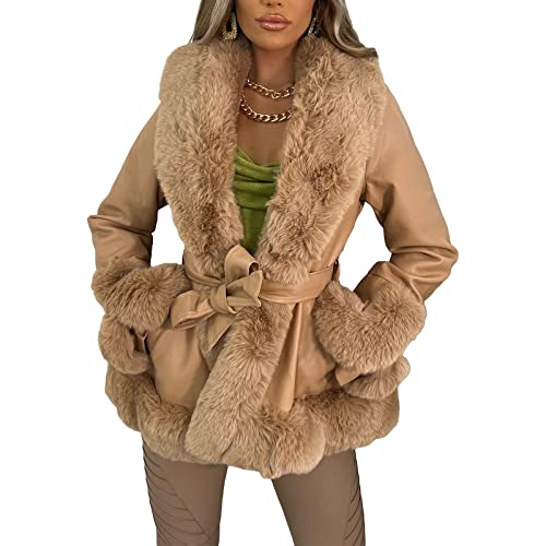 FeMereina Damen Kunstleder Jacke Mantel Kurzer Parka Mantel mit Pelzkragen Offener Front Plüschkragen Warme Strickjacke mit Gürtel Outwear, braun, 42 von FeMereina