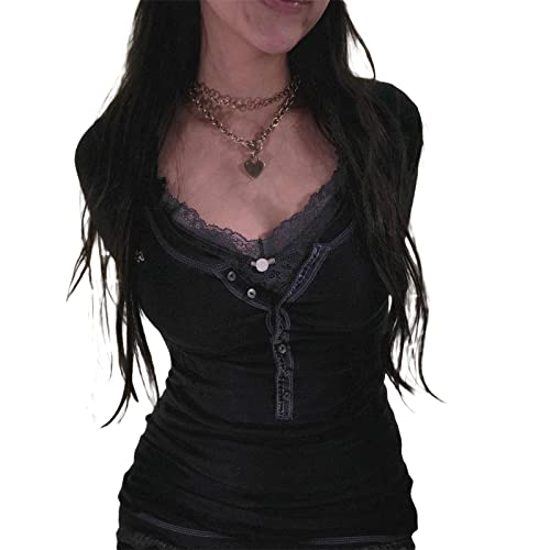Damen Langarm Henley Tops Casual Button Up Tunika Bluse Gerippte Slim Fit Shirts Y2K Spitze Patchwork Pullover Shirt, Schwarz , Large von FeMereina