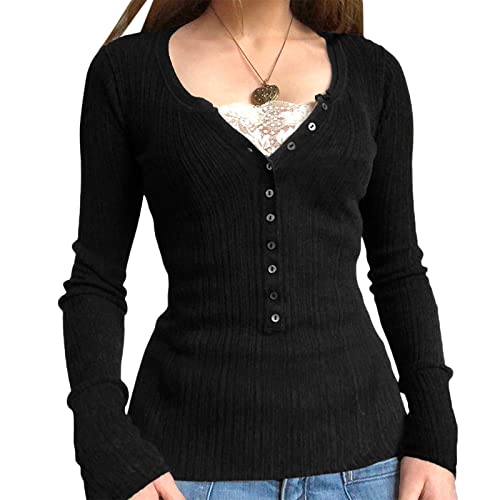 Damen-Langarm-Henley-Top, lässig, Knopfleiste, Tunika, Bluse, gerippt, schmale Passform, Y2K Spitze, Patchwork-Pullover, Schwarz #5, S von FeMereina