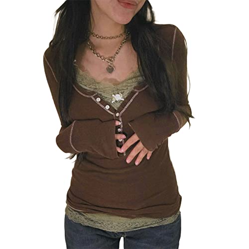 Damen Langarm Henley Tops Casual Button Up Tunika Bluse Gerippte Slim Fit Shirts Y2K Spitze Patchwork Pullover Shirt, braun, Small von FeMereina